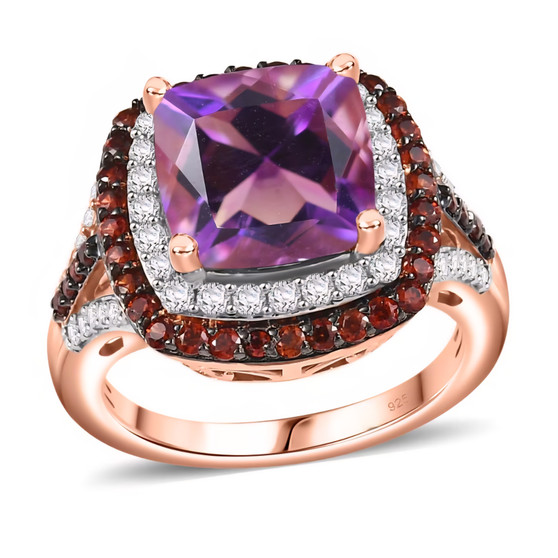 amethyst brown and white zircon double halo ring in 18k rose gold over sterling silver