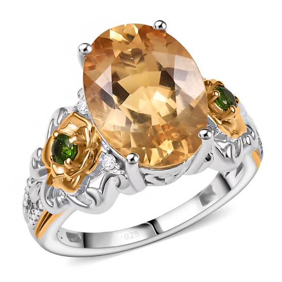 yellow labradorite chrome diopside and zircon flower ring in 18k yellow gold and rhodium over sterling silver
