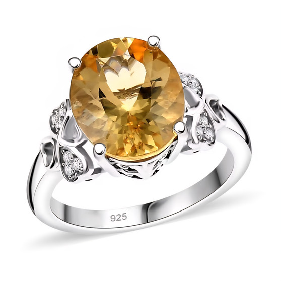 yellow labradorite and white zircon clover ring in rhodium over sterling silver
