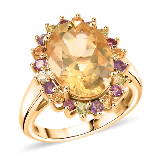 yellow labradorite multi gemstone halo ring in 18k yellow gold over sterling silver