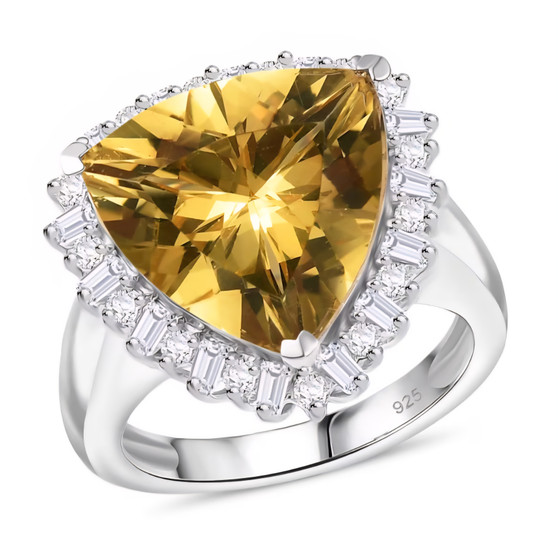 trillion yellow labradorite and moissanite halo ring in rhodium over sterling silver