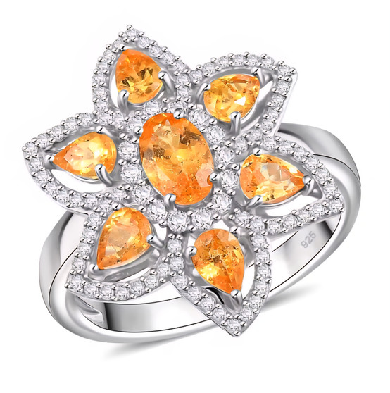 spessartine garnet and zircon flower ring in rhodium over sterling silver