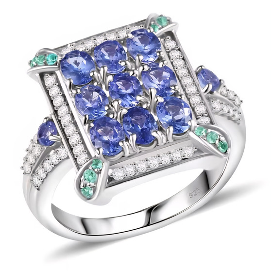 tanzanite paraiba tourmaline and diamond cluster ring in rhodium over sterling silver