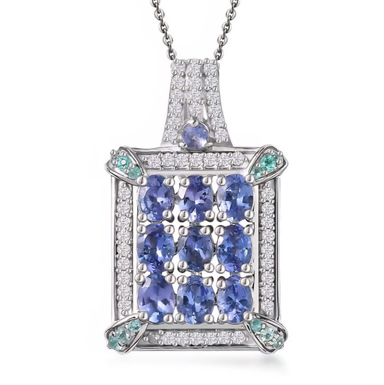 tanzanite paraiba tourmaline and diamond cluster pendant necklace in rhodium over sterling silver