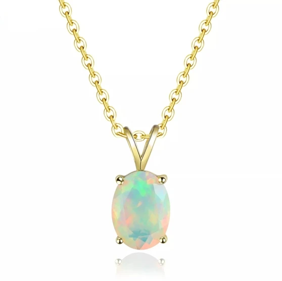 oval faceted ethiopian opal solitaire pendant necklace in solid 14k yellow gold