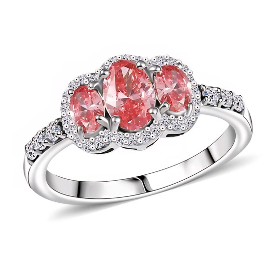 lab pink and white diamond oval halo trilogy ring in 950 platinum