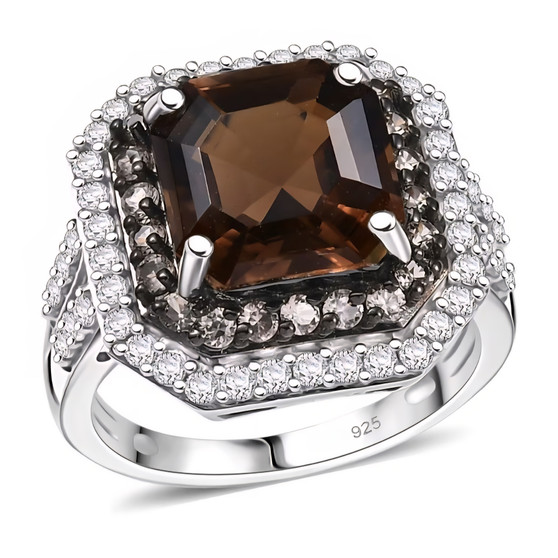 columbianite brown and white zircon double halo ring in rhodium over sterling silver