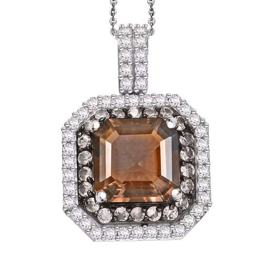 columbianite brown and white zircon double halo pendant neclace in rhodium over sterling silver