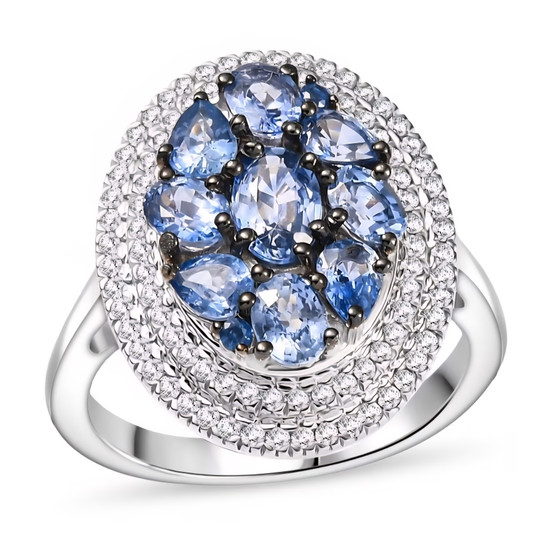 ceylon blue sapphire and white zircon cluster halo ring in rhodium over sterling silver