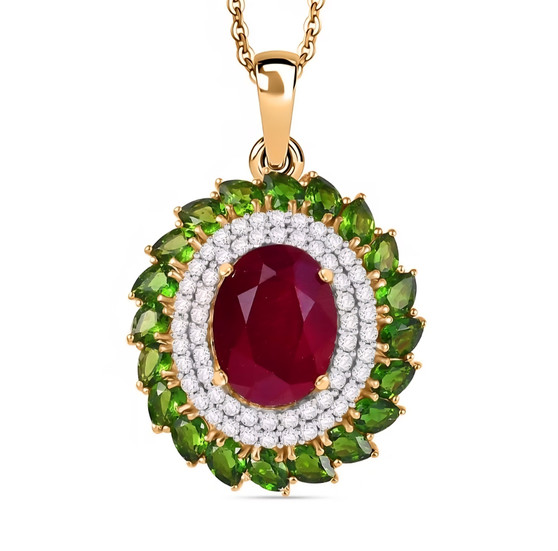 ruby (ff) chrome diopside and white zircon cocktail halo pendant necklace in 18k yellow gold over sterling silver