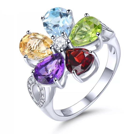 multi gemstone large flower ring in rhodium over sterling silver