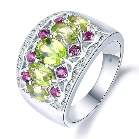 peridot rhodolite garnet and white zircon band ring in rhodium over sterling silver