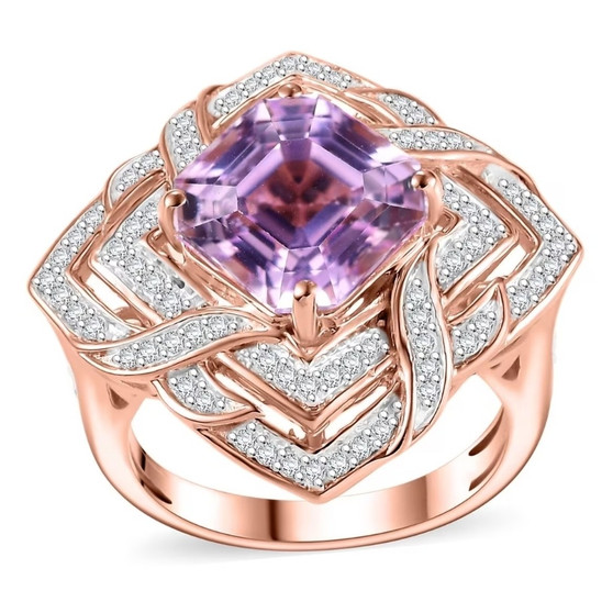 asscher cut kunzite and moissanite double halo ring in 18k rose gold over sterling silver