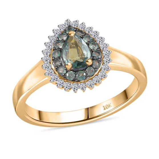 alexandrite and lab diamond pear halo ring in 10k yellow gold