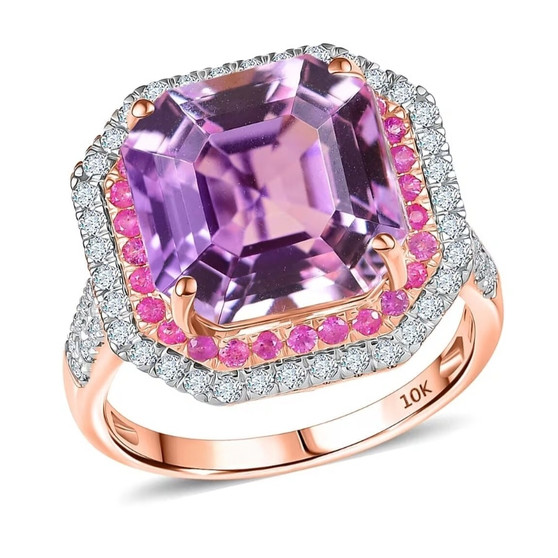 kunzite pink sapphire and diamond asscher double halo ring in 10k rose gold