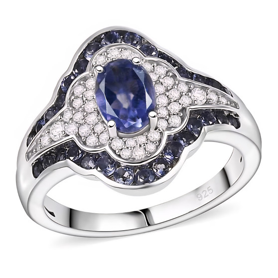 iolite and zircon ring in rhodium over sterling silver