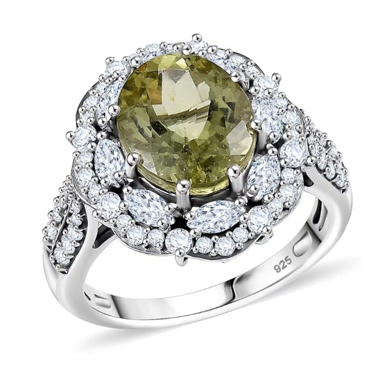 yellow apatite and moissanite double halo ring in rhodium over sterling silver