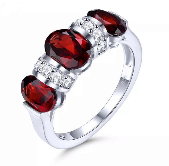 garnet three stone band ring in rhodium over sterling silver