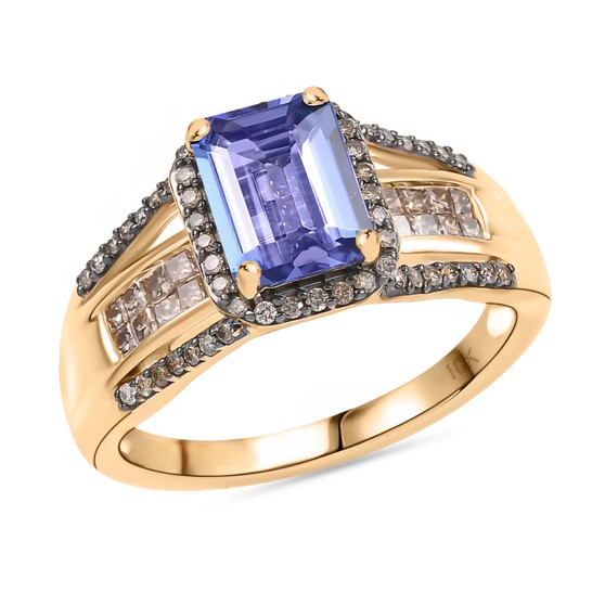 front view of tanzanite and champagne diamond halo bridge ring in 10k yellow gold