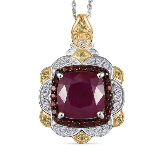 ruby (ff) and multi gemstone regal halo necklace in 18k yellow gold and rhodium over sterling silver