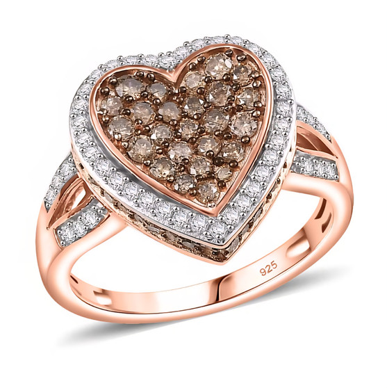 champagne and white diamond ring in 18k rose gold over sterling silver