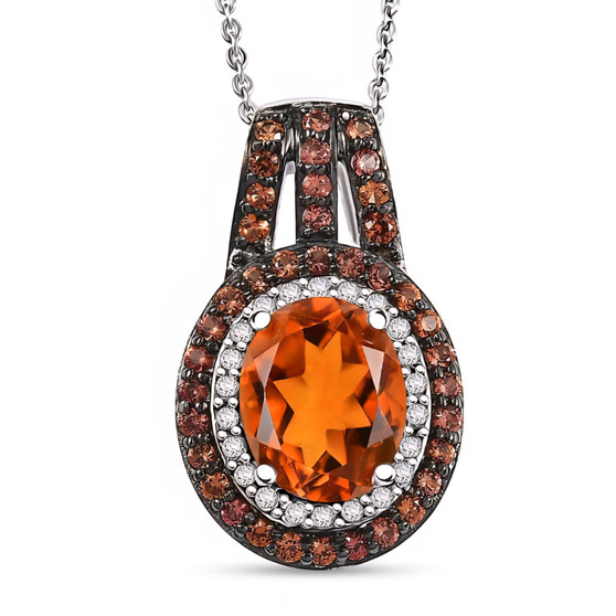 front view of madeira citrine orange sapphire and zircon pendant necklace in rhodium over sterling silver
