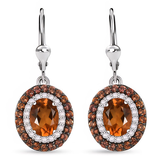 front view of madeira citrine orange sapphire and zircon halo leverback earrings in rhodium over sterling silver