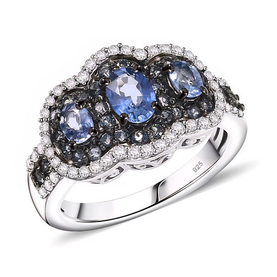 ceylon blue sapphire and zircon trilogy double halo ring in rhodium over sterling silver