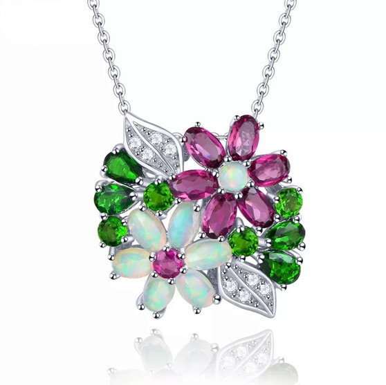 front view of rhodolite garnet opal and chrome diopside floral cluster necklace in rhodium over sterling silver