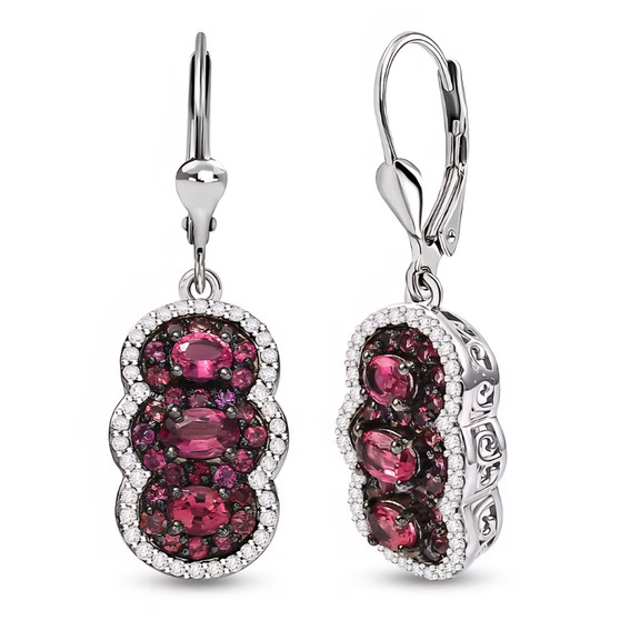 rubellite tourmaline and zircon leverback earrings in rhodium over sterling silver