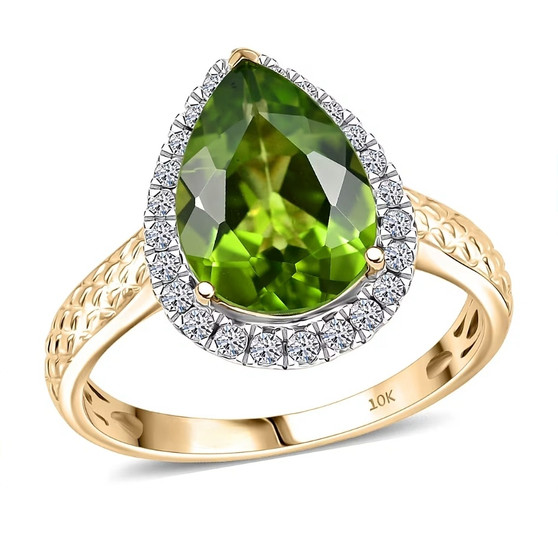 front view of peridot and lab diamond pear halo ring in 10k yellow gold