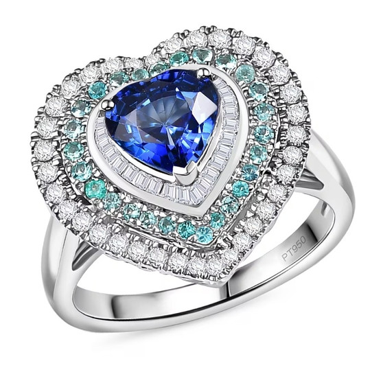 ceylon sapphire paraiba tourmaline and diamond heart triple halo ring in 950 platinum