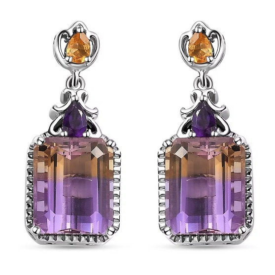 ametrine amethyst and citrine drop earrings in rhodium over sterling silver