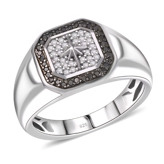front view of black and white diamond gents star ring in rhodium over sterling silver