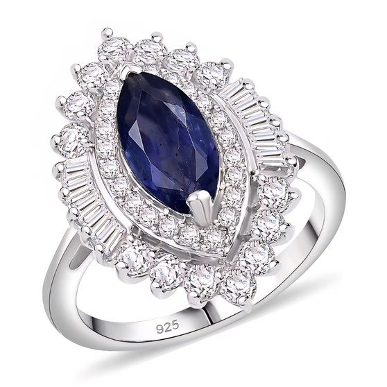 marquise iolite and white zircon double halo ring in rhodium over sterling silver