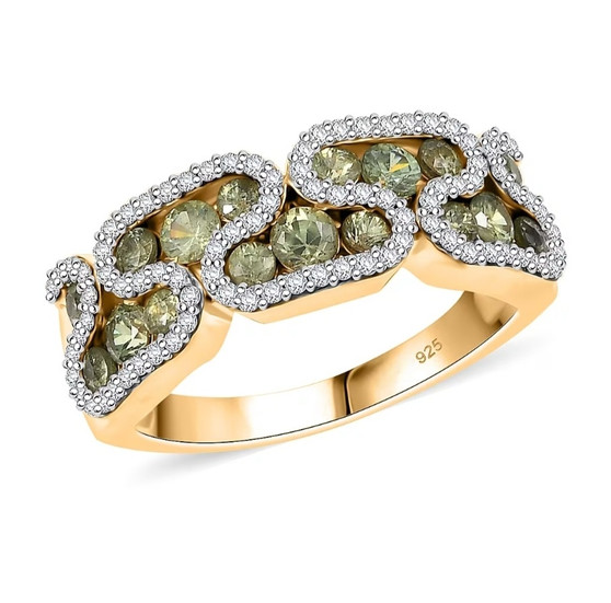 demantoid garnet and moissanite zigzag cluster band ring in 18k yellow gold over sterling silver