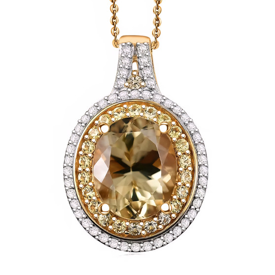 heliodor yellow sapphire and moissanite halo pendant necklace in 18k yellow gold over sterling silver
