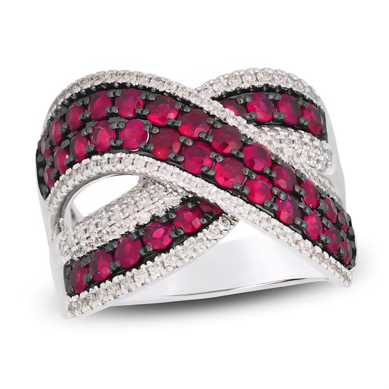 ruby and diamond crossover ring in solid 14k white gold