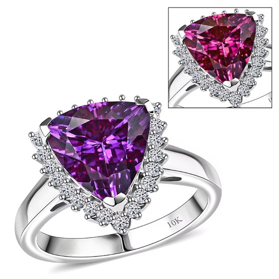 lab color change sapphire and lab diamond trillion halo ring in 10k white gold