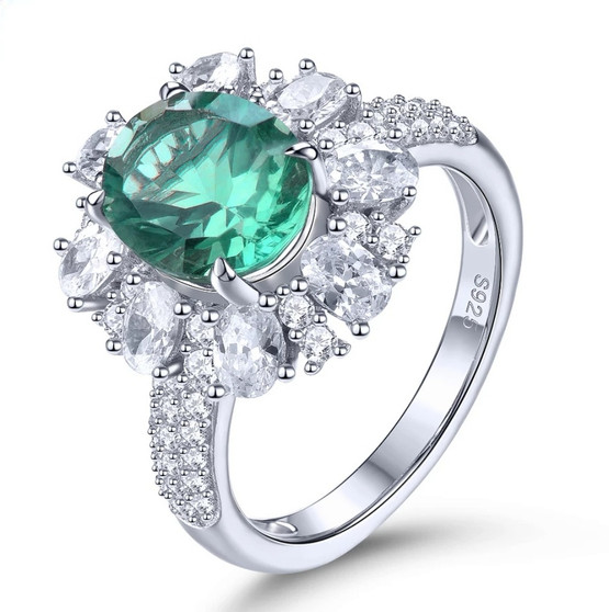 green fluorite and white zircon ring in rhodium over sterling silver