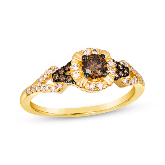 brown and white diamond split-shank halo ring in 14k yellow gold