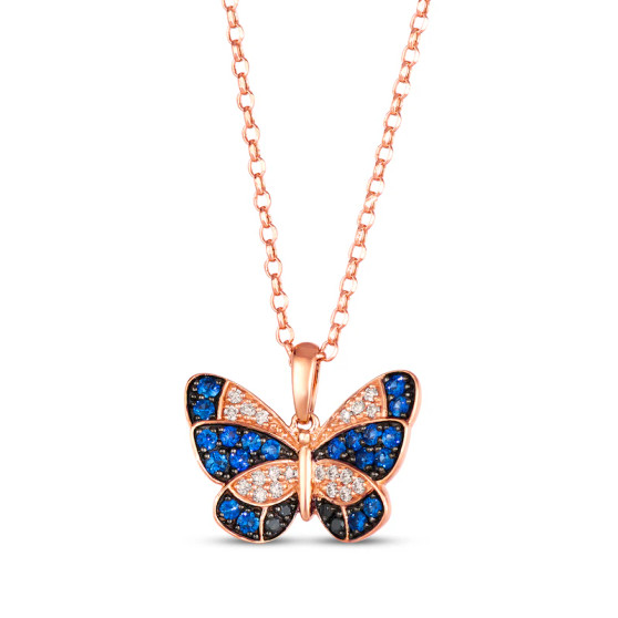blue sapphire white and black diamond butterfly necklace in 14k rose gold
