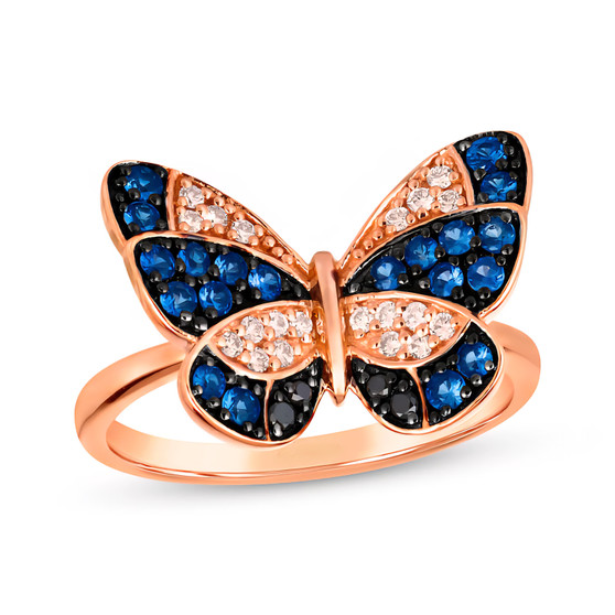 blue sapphire white and black diamond butterfly ring in 14k rose gold