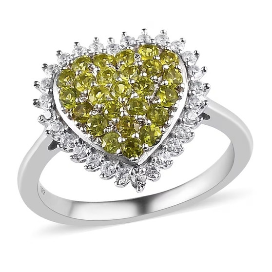 vesuvianite and white zircon heart cluster ring in rhodium over sterling silver