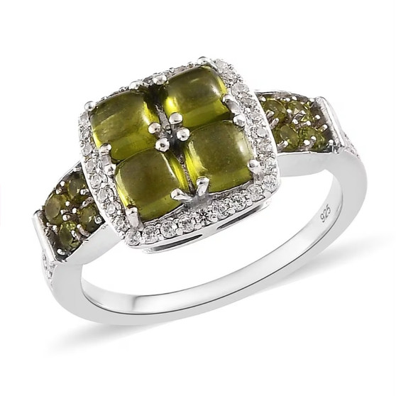 vesuvianite and white zircon cluster halo ring in rhodium over sterling silver