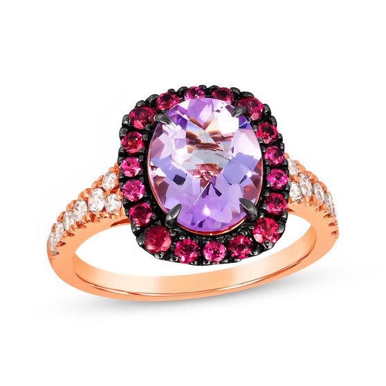 front view of rose de france amethyst rhodolite garnet and diamond halo ring in 14k rose gold