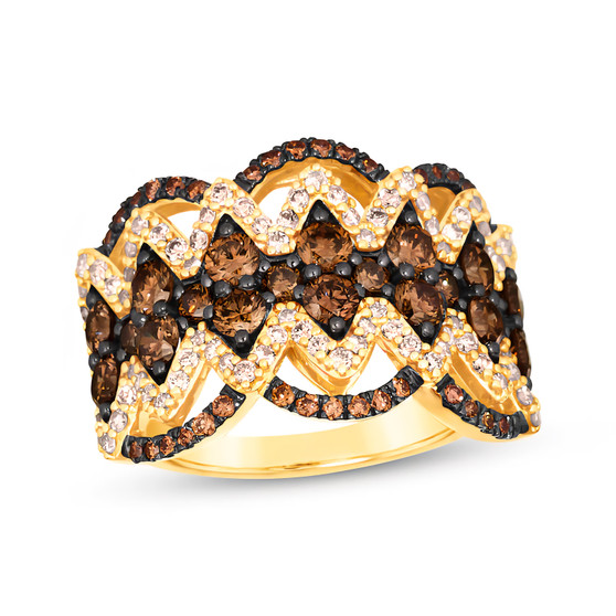 brown and white diamond zigzag wide band ring in 14k yellow gold