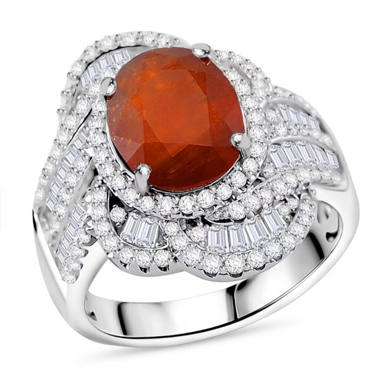 orange kyanite and moissanite bypass halo ring in rhodium over sterling silver