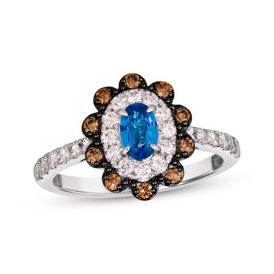 blue sapphire brown and white diamond halo ring in 950 platinum