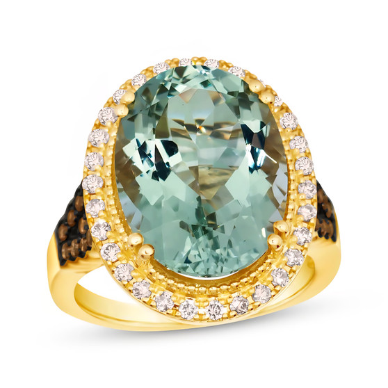 prasiolite brown and white diamond halo ring in 14k yellow gold front